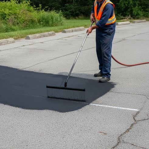 Professional parking lot striping at a gas station with clear yellow lines and numbered spaces
