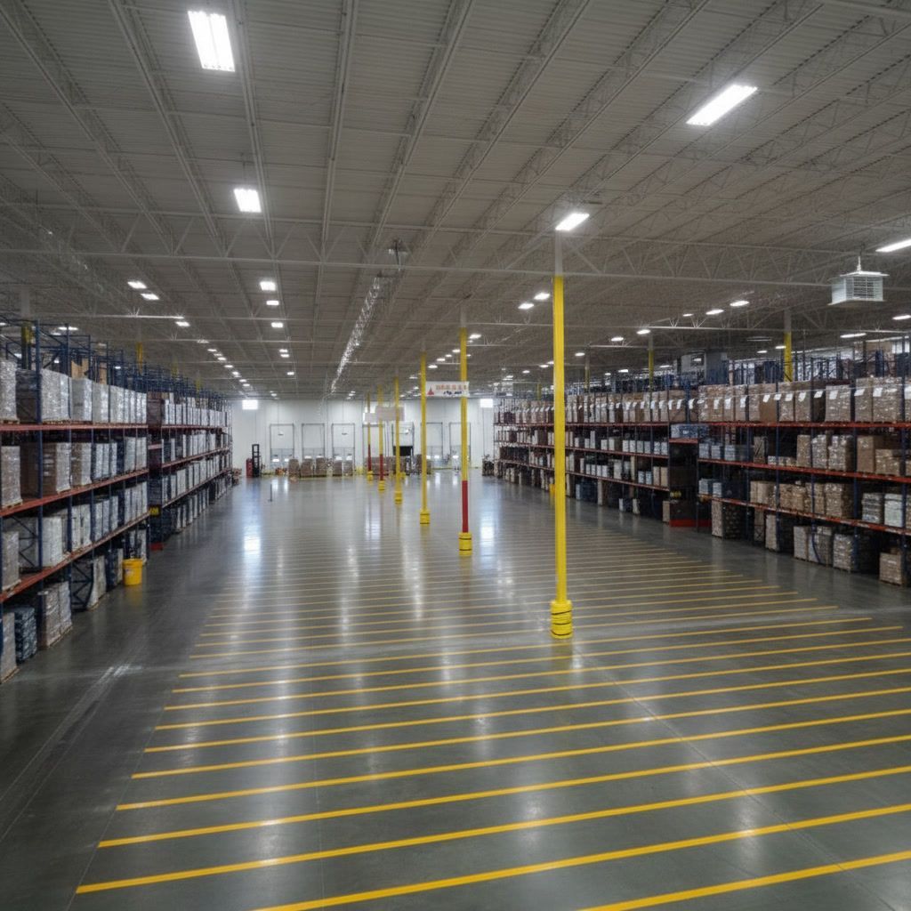 Warehouse floor striping in St. Petersburg, FL with yellow safety lines and organized traffic lanes for industrial safety