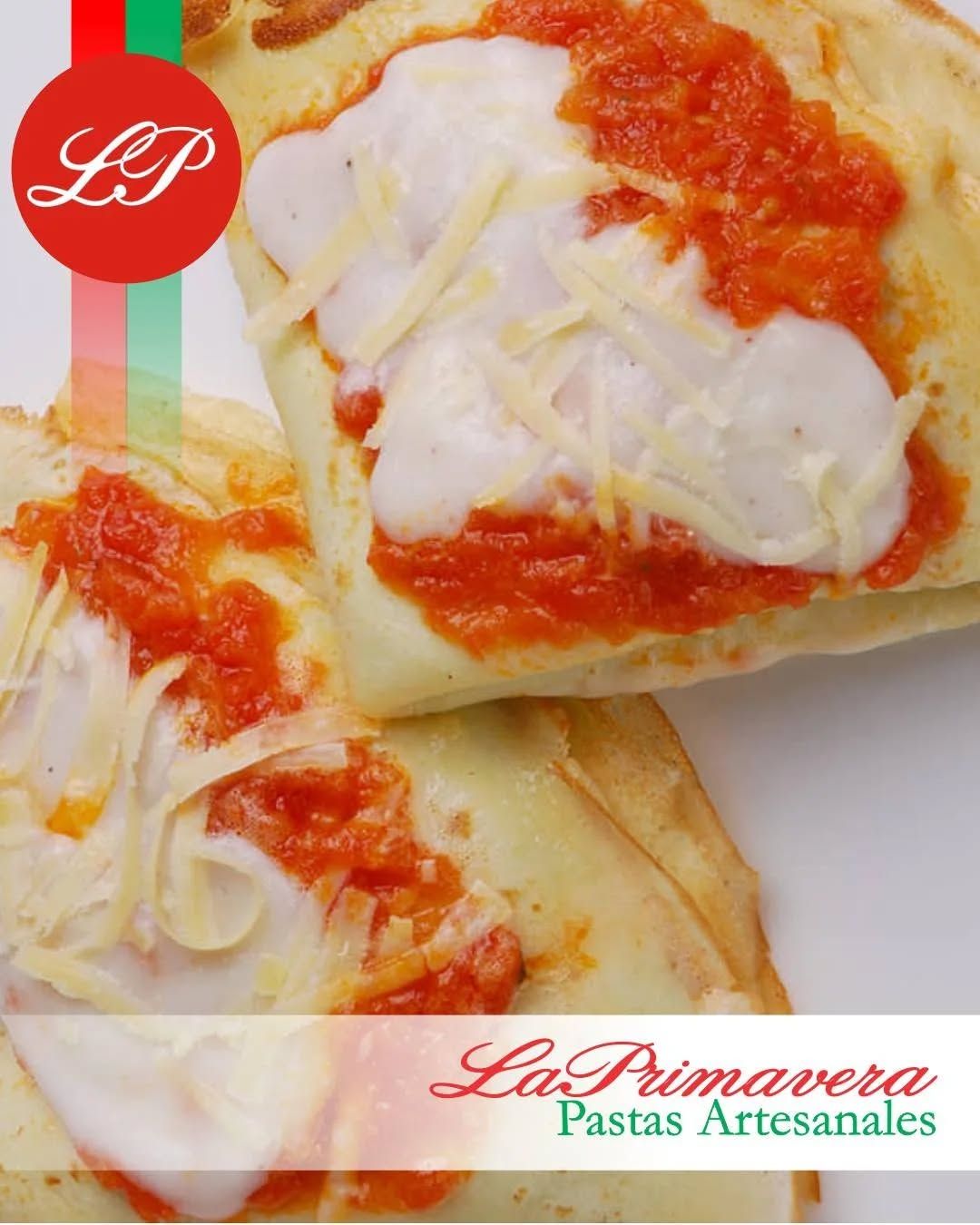 Cheese-filled pasta with tomato sauce, stacked. Logo: 