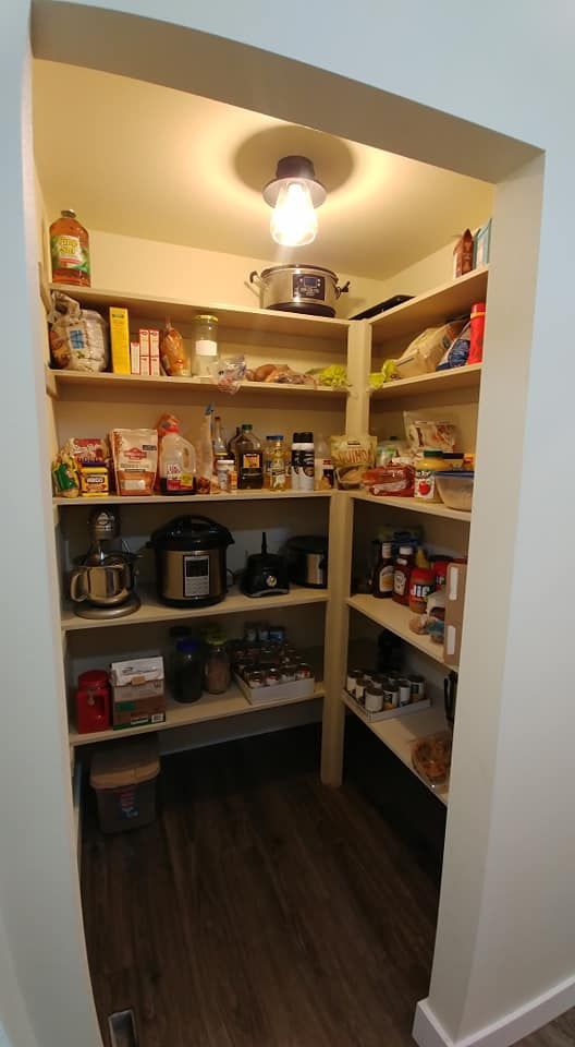 Small pantry closet with shelves of canned goods, spices, and small appliances under a ceiling light.
