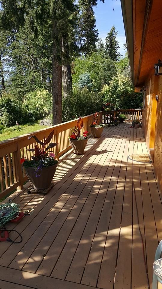 Wooden deck beside a house, lined with potted flowers and overlooking a sunny forested yard.