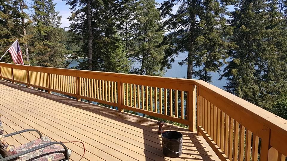 Wooden deck with railing overlooking tall evergreen trees on a sunny day.