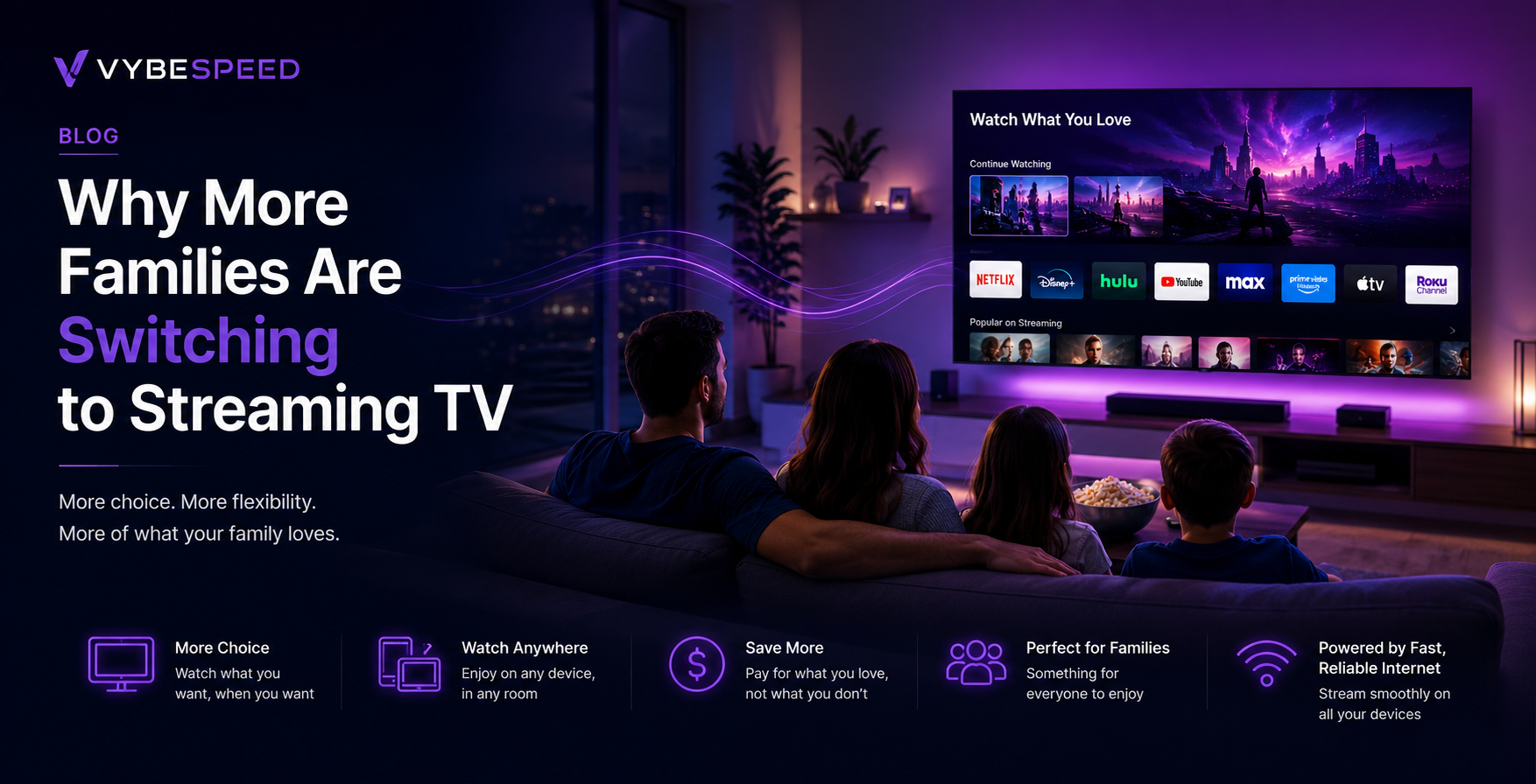 TV showing a family watching a streaming service on a large screen in a modern living room
