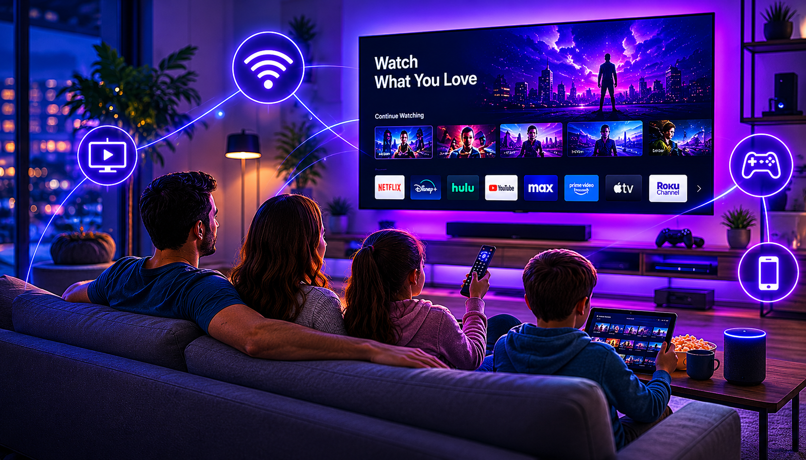 Family watching a streaming service on a large TV in a neon-lit living room