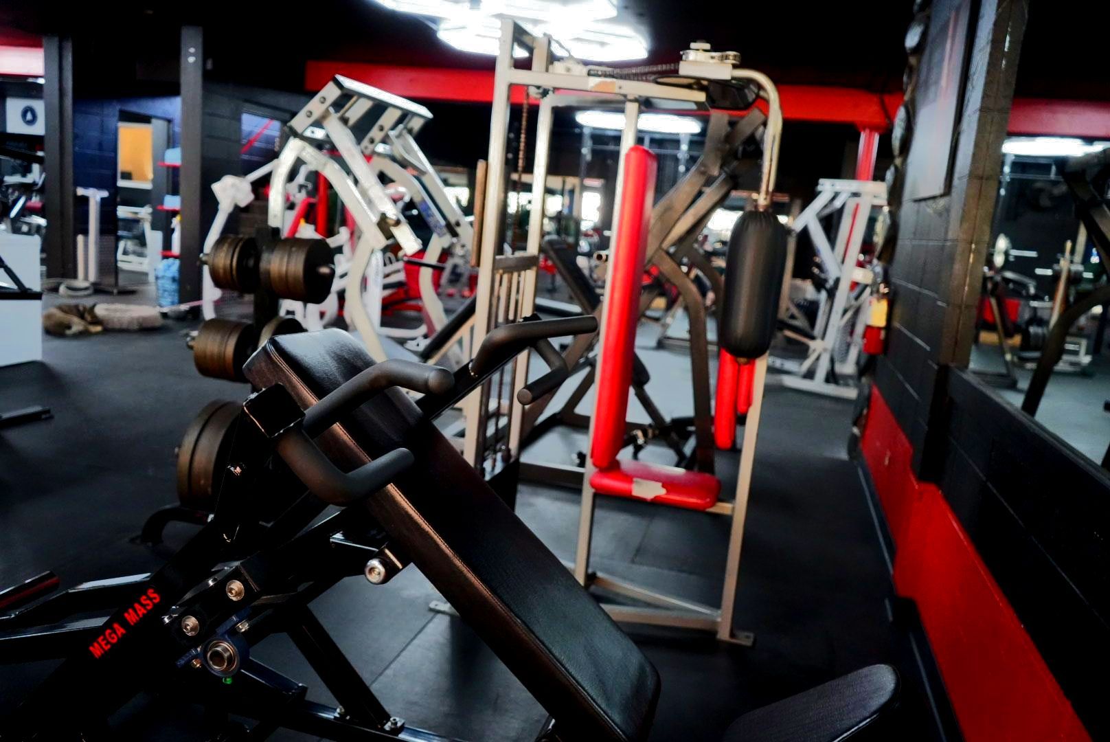 Gym interior with red and black weight machines and benches