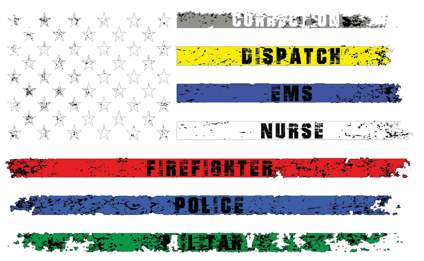 A flag with a firefighter , dispatcher , ems , nurse , police , and military on it.