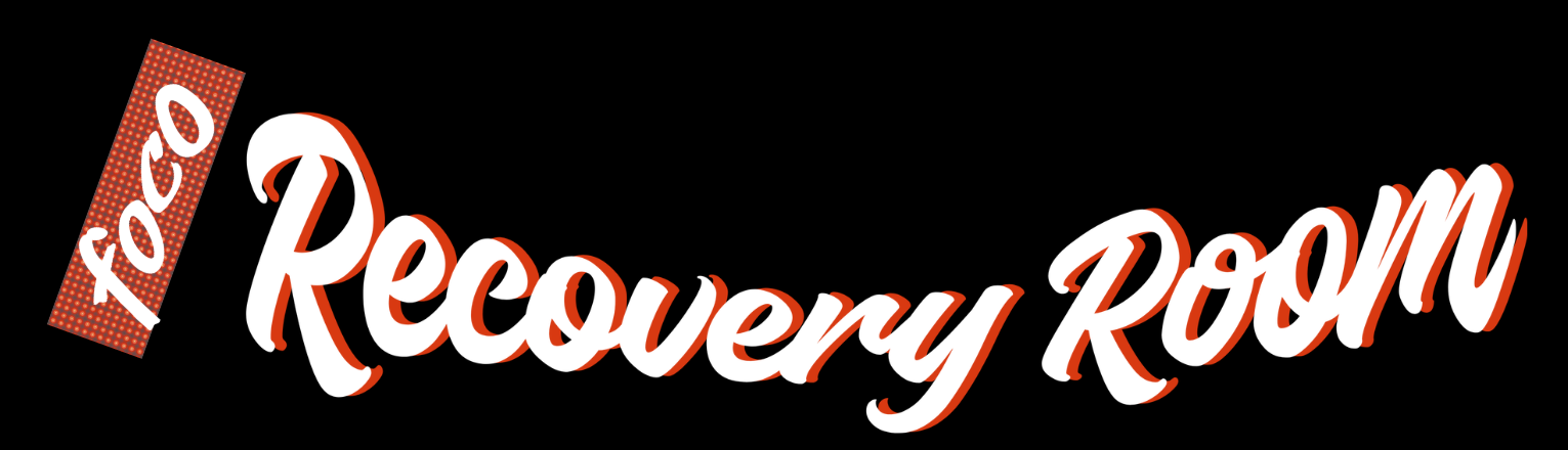 Logo reading “Recovery Room” in white script on a black background, with a small red tag at left.