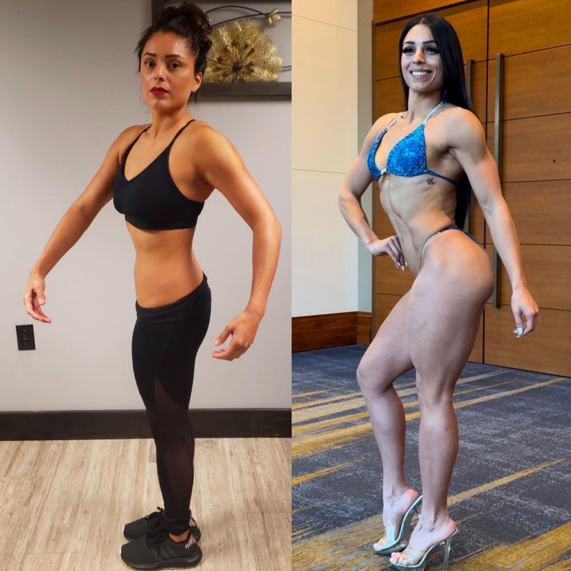 Before and after fitness journey emphasizing lean muscle development and stage-ready physique.