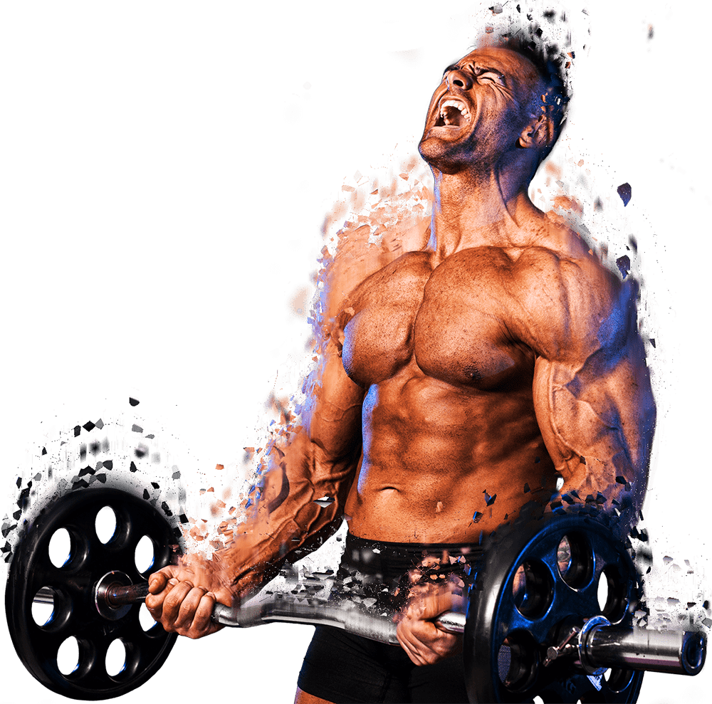 A muscular man is lifting a barbell in a gym.