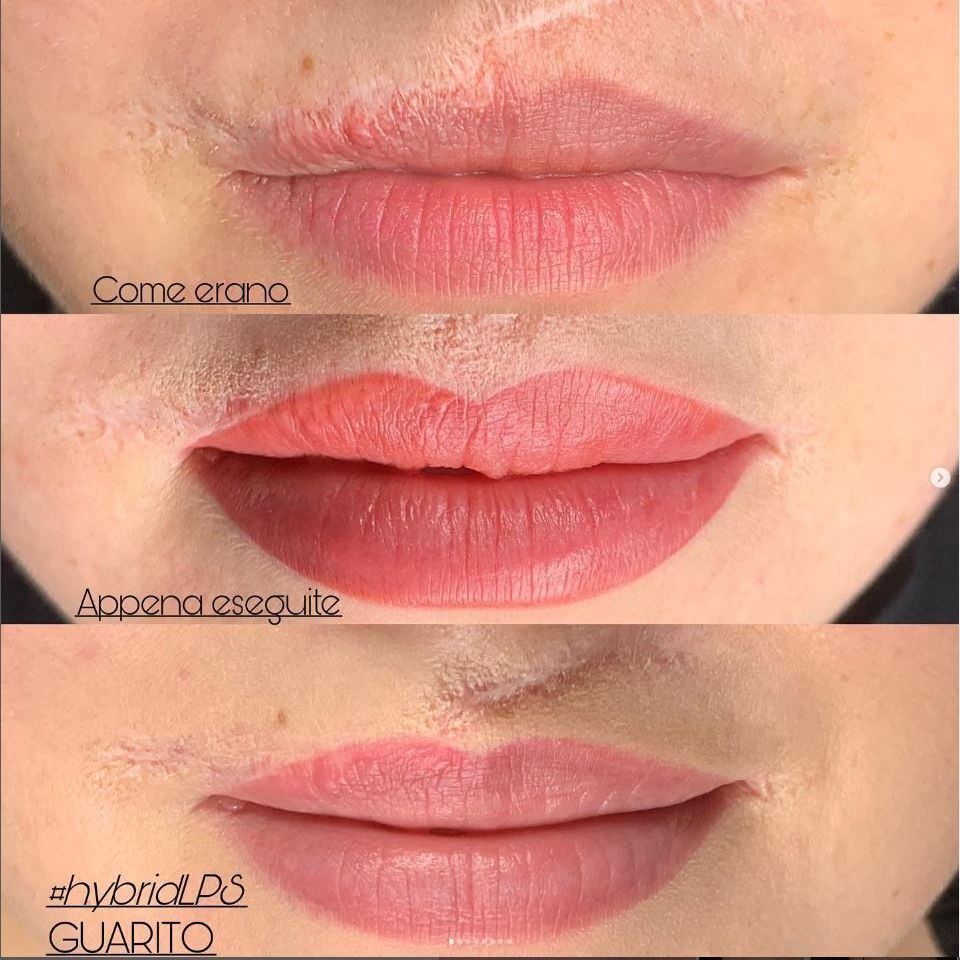 Tre esempi di trucco labbra in primo piano in diverse tonalità: nude, corallo e rosa.