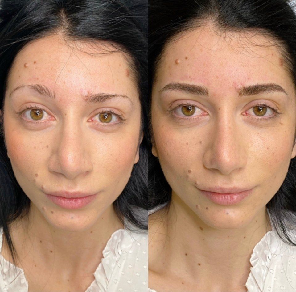 Ritratto affiancato della stessa donna, che mostra un look prima e dopo il trucco, con lineamenti più morbidi e raffinati.