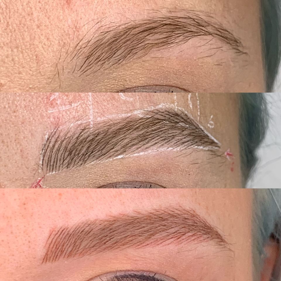 Tre fasi per le sopracciglia: naturali, appena sottoposte a microblading e più folte dopo la guarigione.