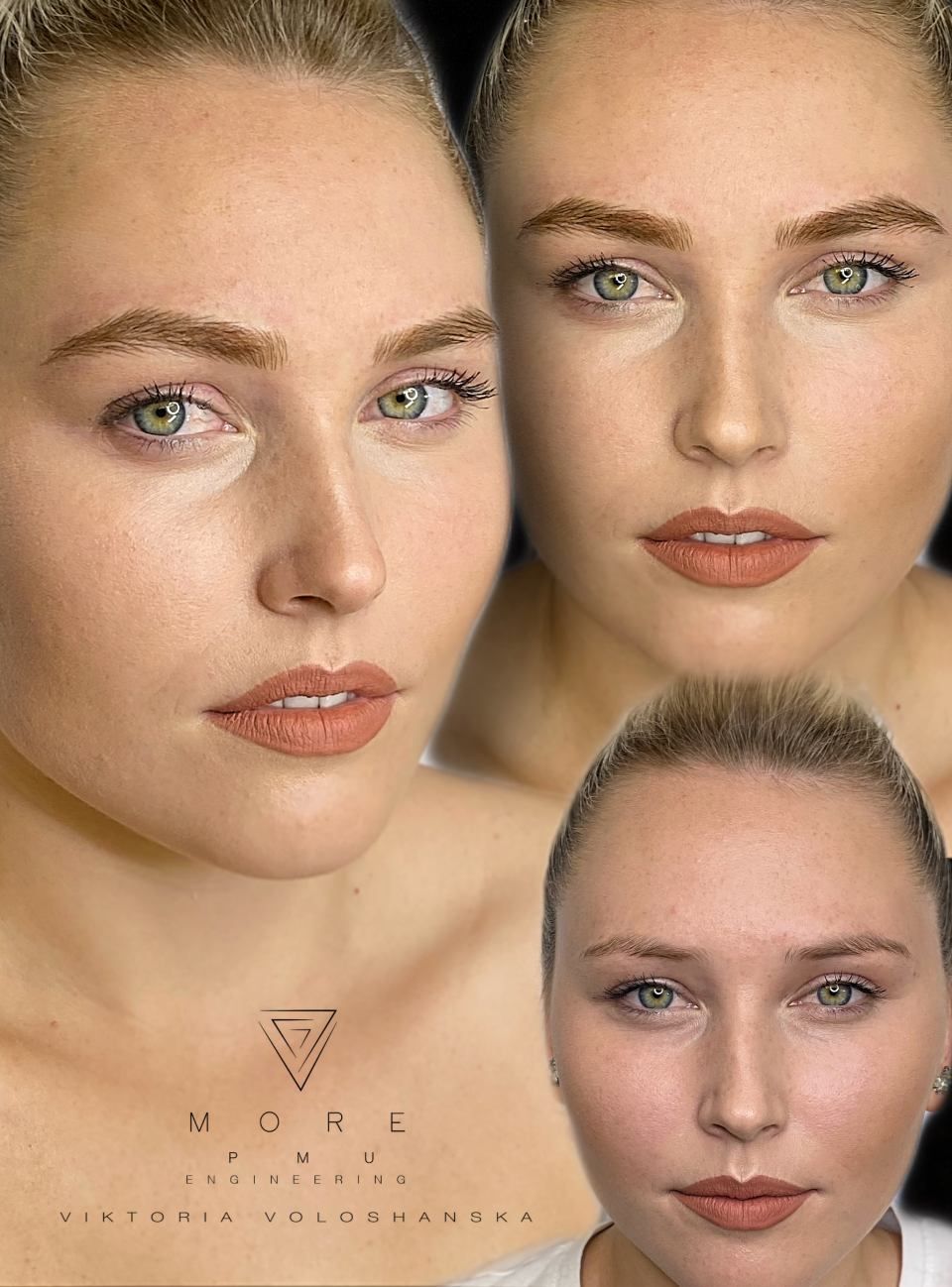 Tre primi piani di una modella con trucco naturale e capelli tirati indietro.