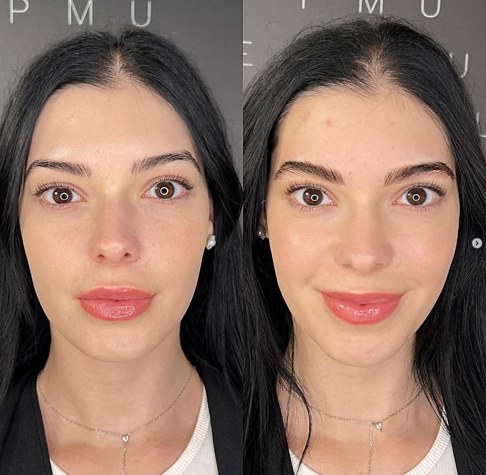 Ritratto affiancato della stessa donna con capelli scuri e trucco naturale, che mostra il prima e il dopo.