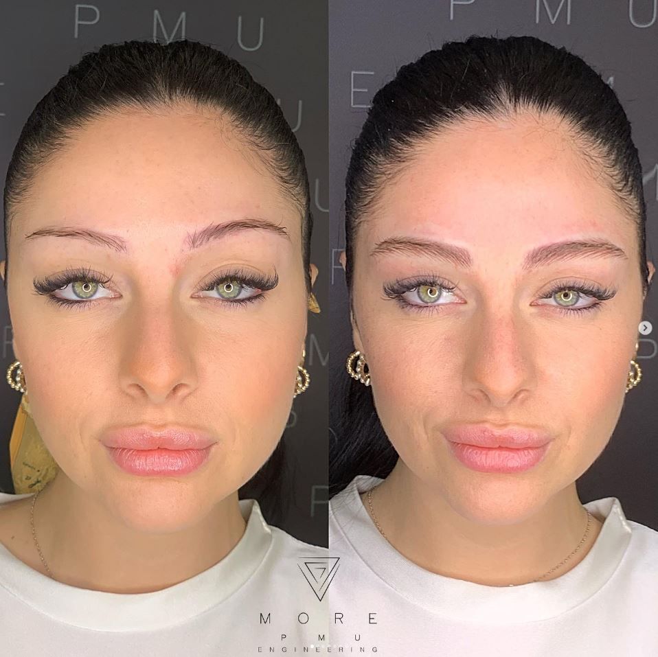 Ritratti ravvicinati, affiancati, di una persona prima e dopo il trucco, che mostrano occhi e sopracciglia ben definiti.