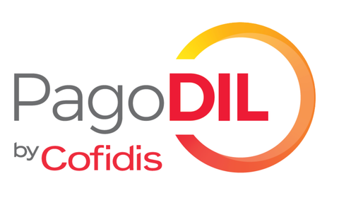 Logo di PagoDIL by Cofidis nei colori grigio, rosso e arancione con un disegno a freccia circolare.