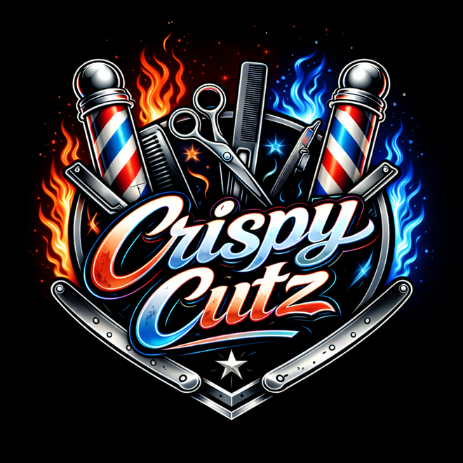 Crispy Cutz barber logo with red and blue flames, silver clippers, and bold script text
