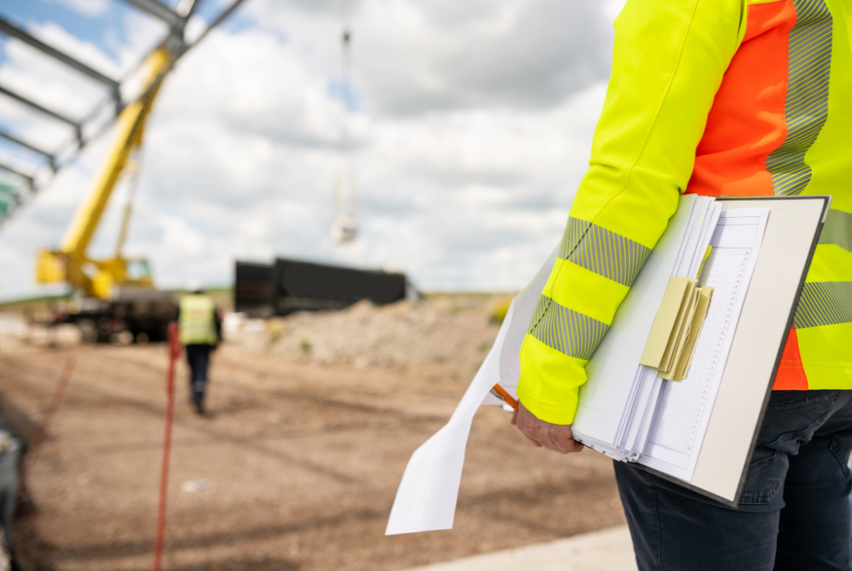 Construction worker holding blueprints at a construction site, wearing a reflective vest.
