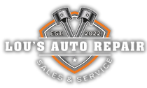Lou&rsquo;s Auto Repair logo with silver shield, orange outline, and &ldquo;Sales & Service&rdquo; text, est. 2022