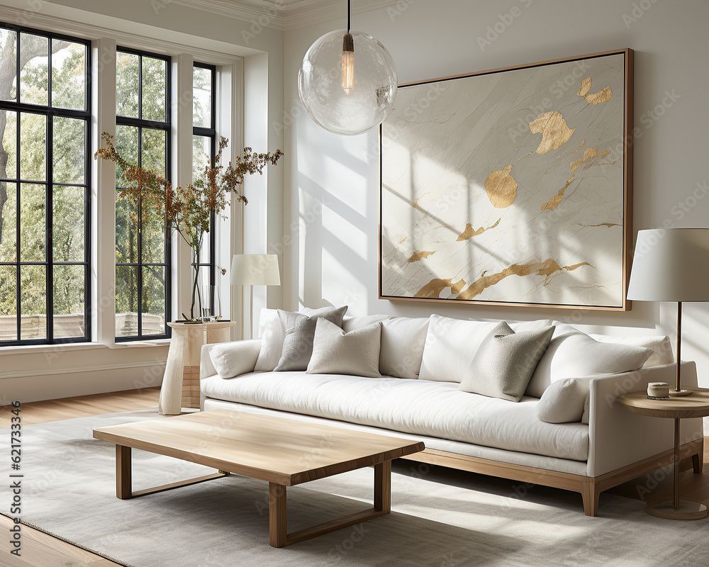 A living room with a couch , coffee table , and painting on the wall.