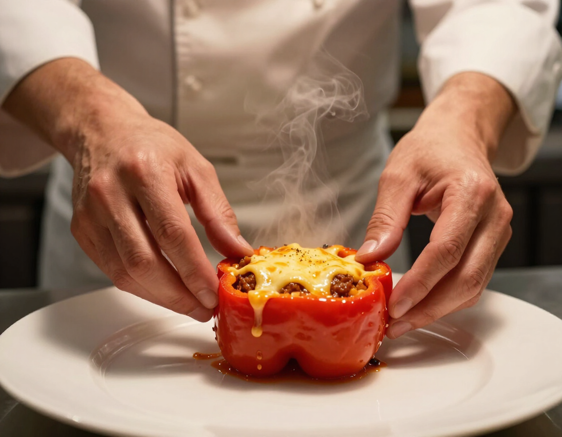 Chef's hands plating a freshly stuffed pepper with melted cheese