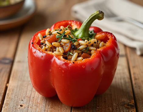 Stuffed pepper dish on a rustic wood table
