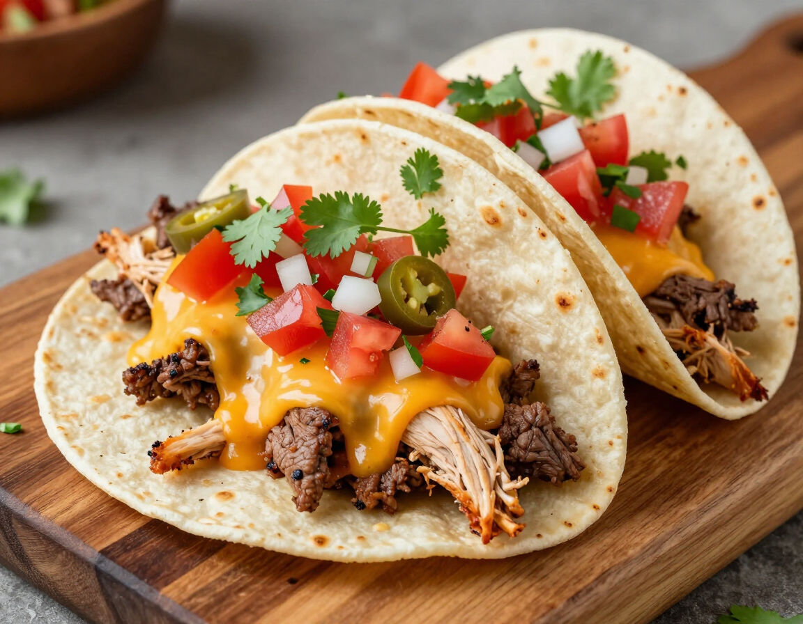Soft tacos and sliced quesadilla with melted cheese and fresh toppings