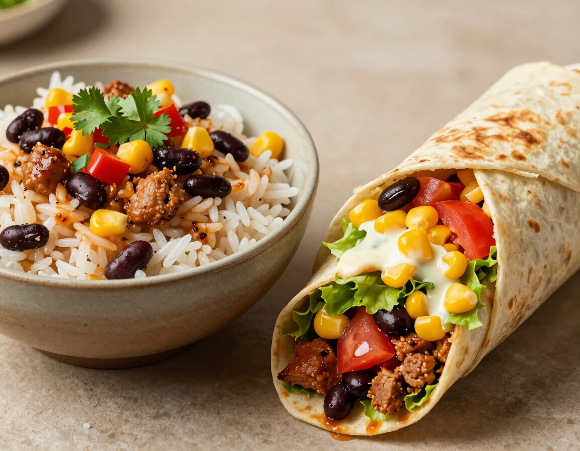 Rice bowl and burrito cut in half showing layered rice, protein and vegetables