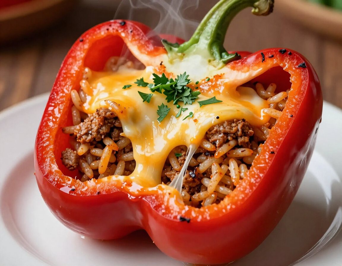 Signature stuffed pepper split open showing melted cheese, rice and meat filling