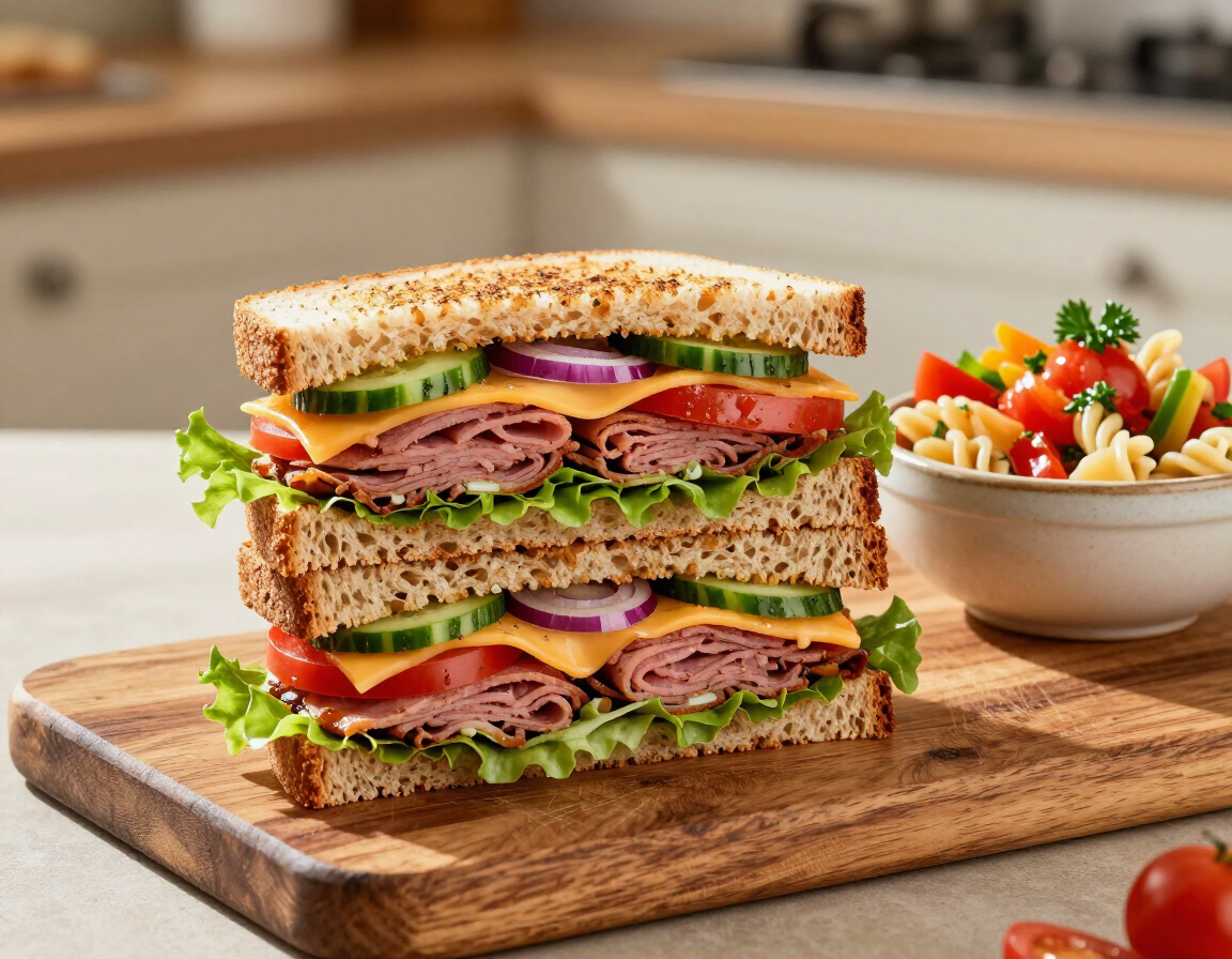 Sandwich cut in half with a side of pasta salad