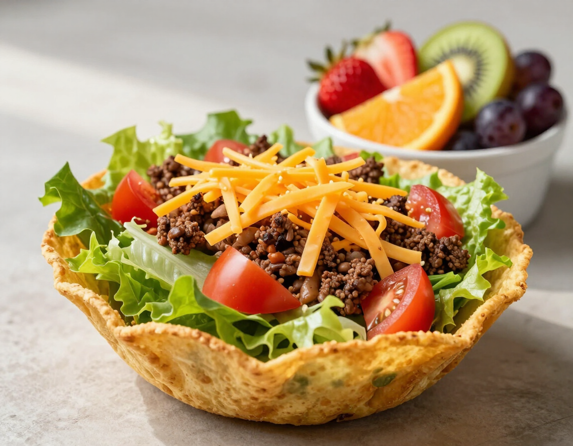 Taco salad in a crisp tortilla bowl with a side of fresh cut fruit