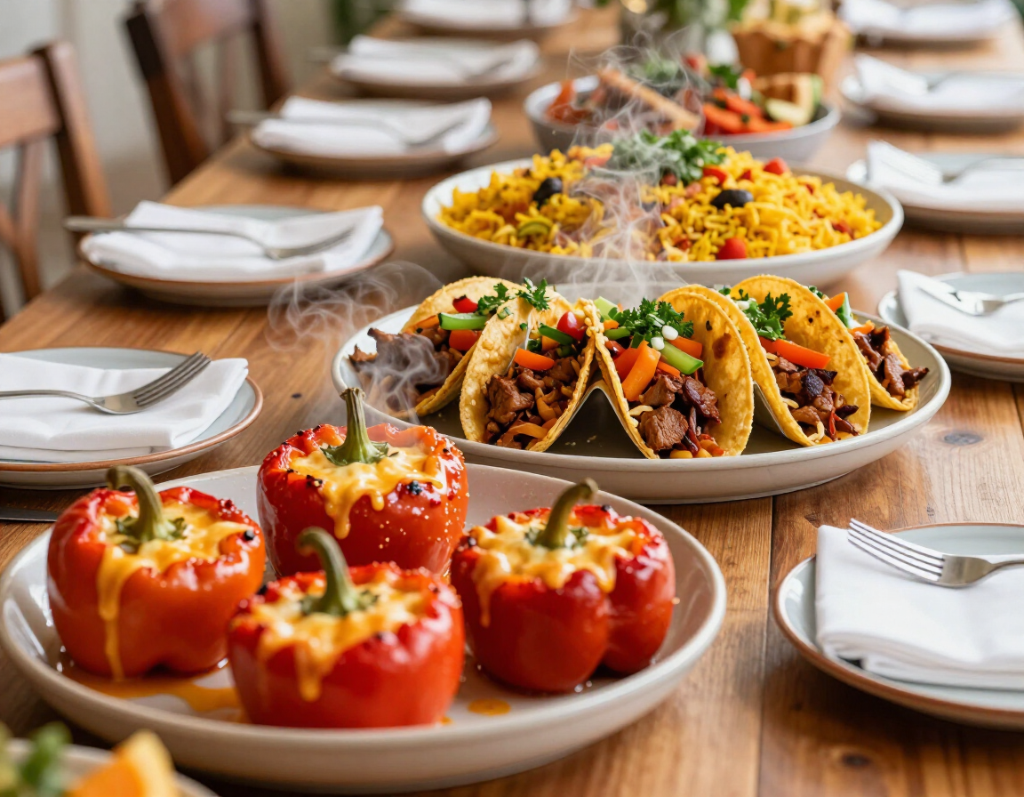 Catering spread of stuffed peppers, tacos and rice bowls