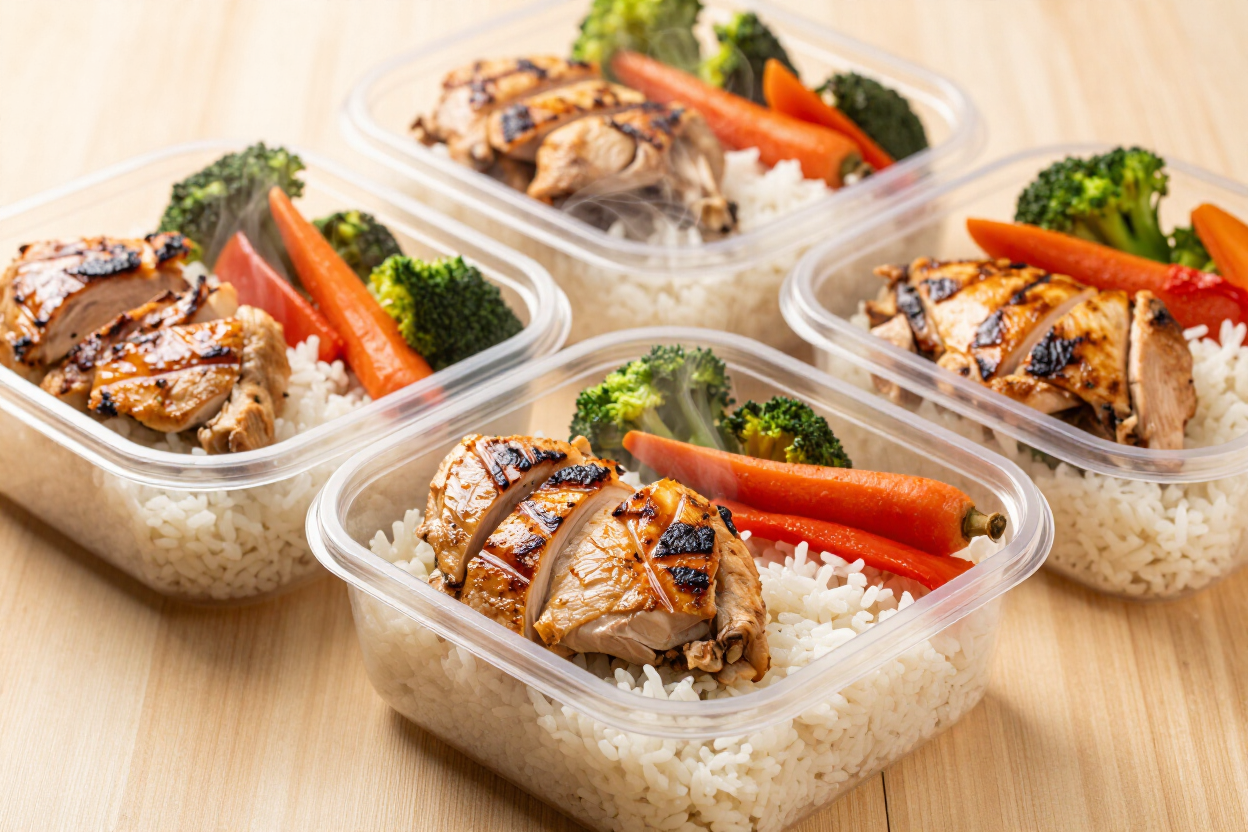 Freshly packed meal-prep containers with grilled chicken, roasted vegetables and rice