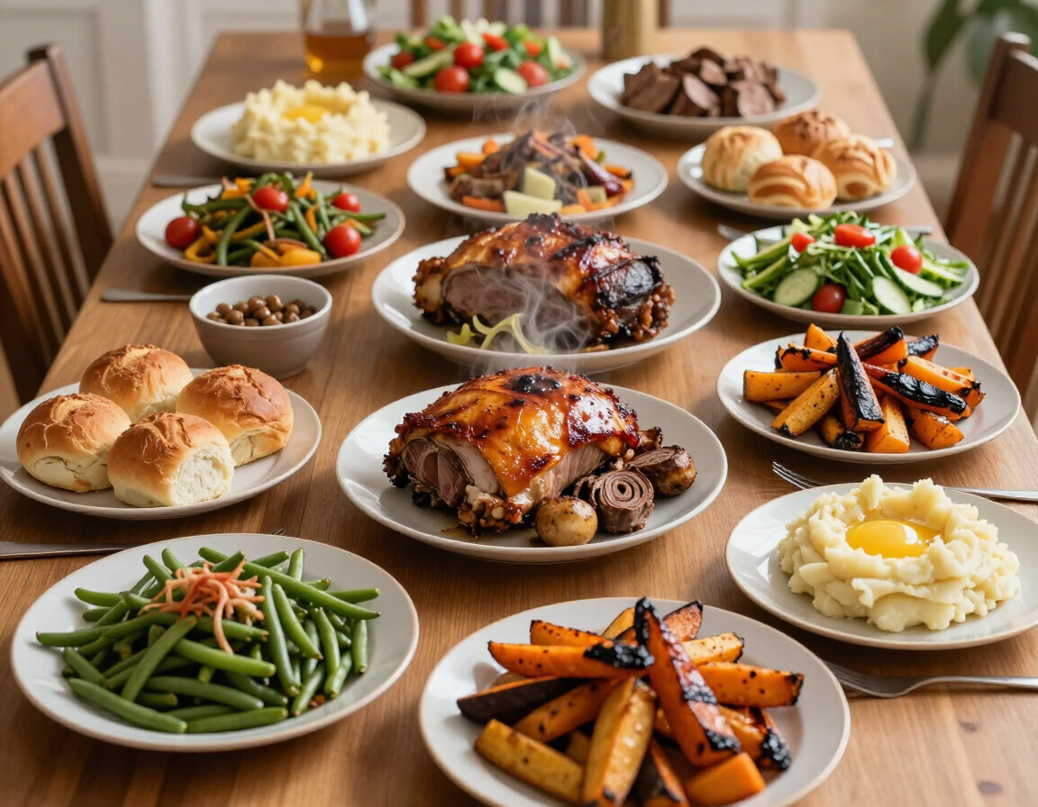 Family style spread of entrees and sides