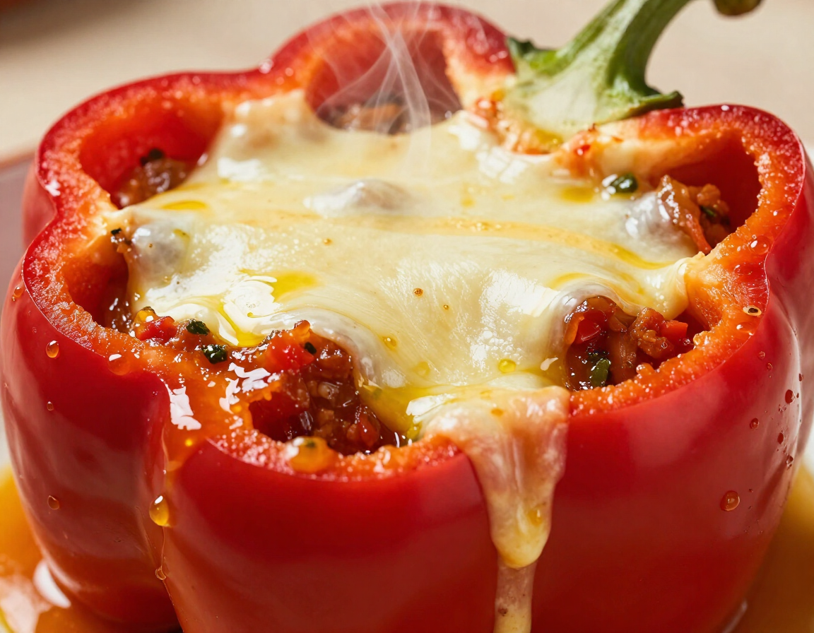 Stuffed pepper entree being assembled with cheese and toppings