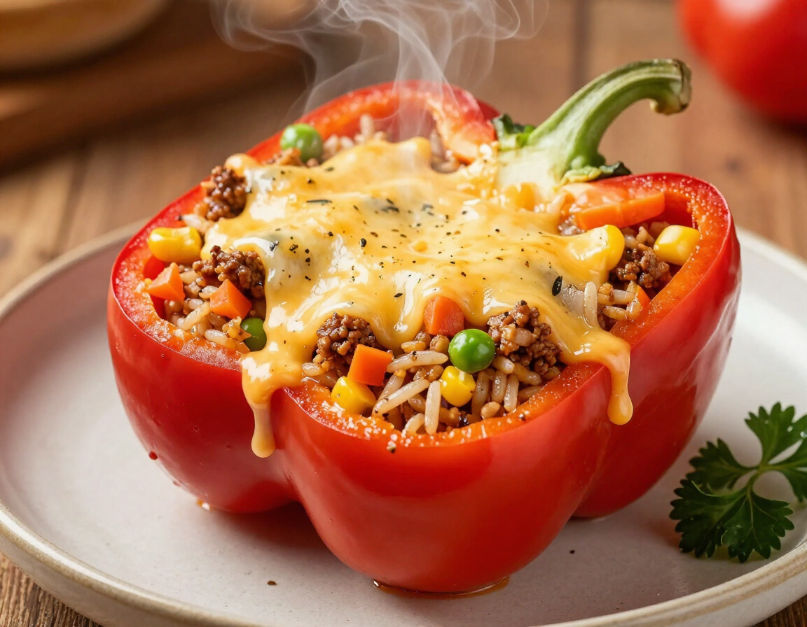 Plated stuffed pepper meal with melted cheese and rice