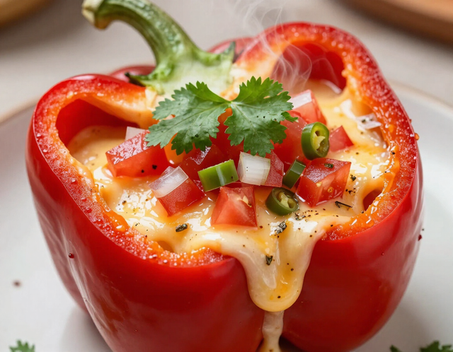 Signature stuffed pepper with melted cheese and fresh toppings