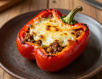 Golden baked stuffed bell pepper with bubbling cheese