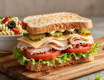 Stacked deli sandwich with a side of pasta salad