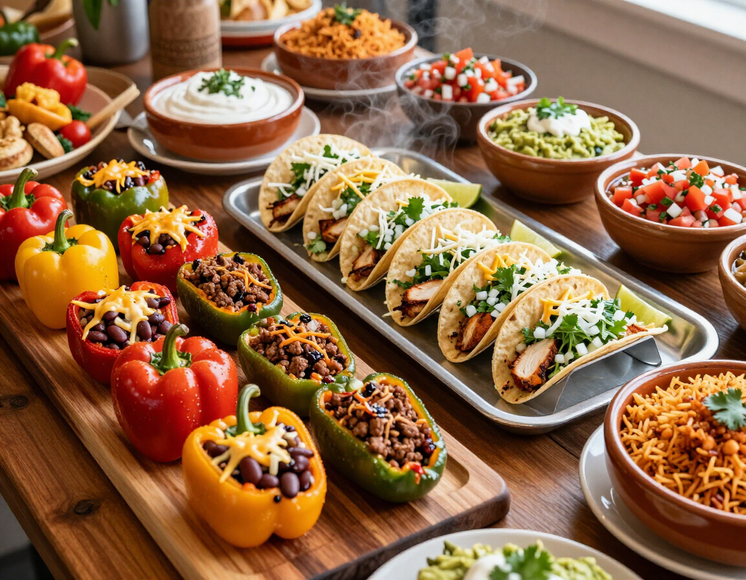 Catering spread of stuffed peppers, tacos and sides on trays