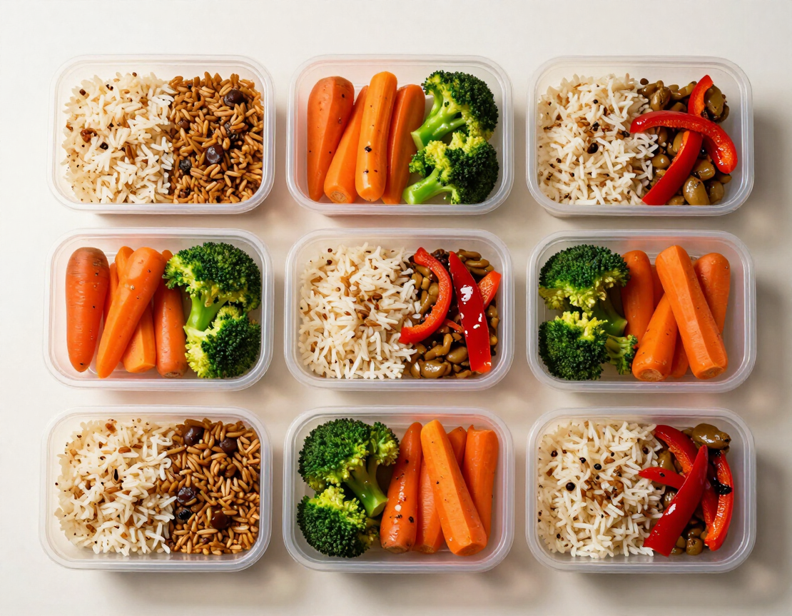 Neatly packed meal-prep containers with colorful entrees