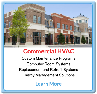 Commercial HVAC ad with storefront buildings and text listing maintenance, retrofit, and energy solutions