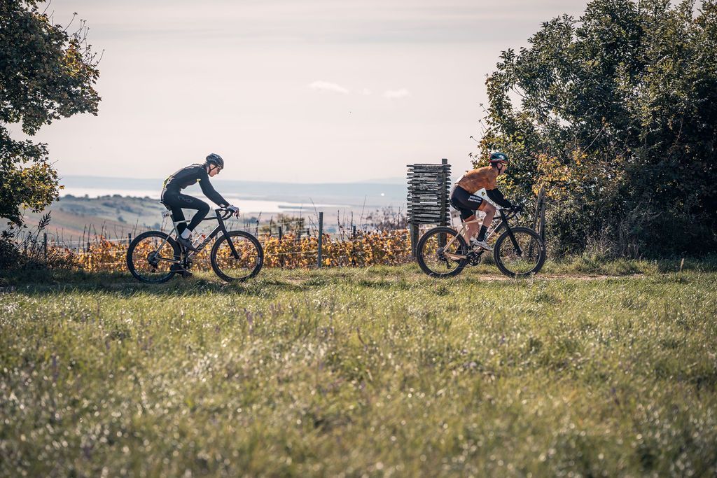 Zwei Radfahrer fahren auf einem grasbewachsenen Pfad neben Bäumen und Feldern unter einem sanften Himmel.