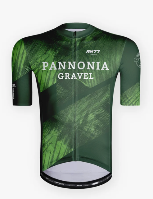 Grünes Pannonia Gravel-Radtrikot mit schwarzem abstraktem Muster und kurzen Ärmeln