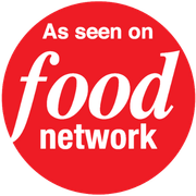 Red circle logo reading “As seen on food network” in white text