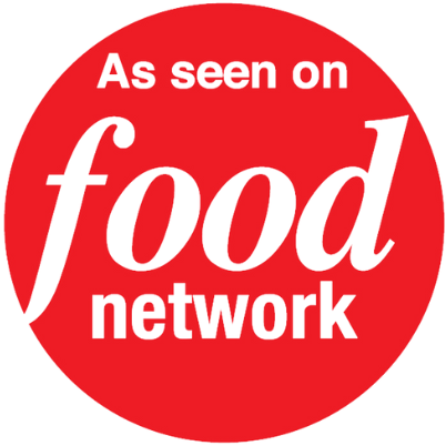 Red Food Network badge with white “As seen on” and “food network” text