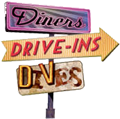 Vintage signpost with three signs reading “Diners,” “Drive-Ins,” and “Dives”