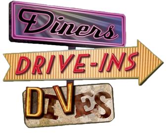 Retro neon-style signs reading “Diners,” “Drive-Ins,” and “Dives” in pink, red, and brown.