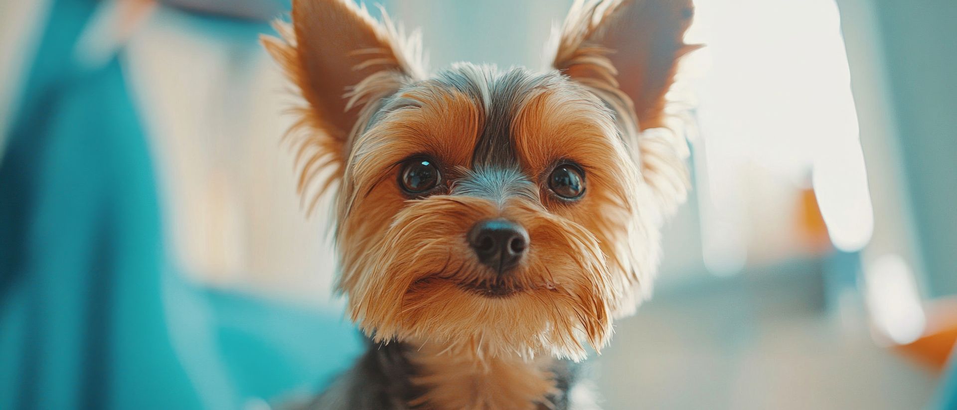 A Yorkshire terrier looks curiously at the camera at a vet clinic