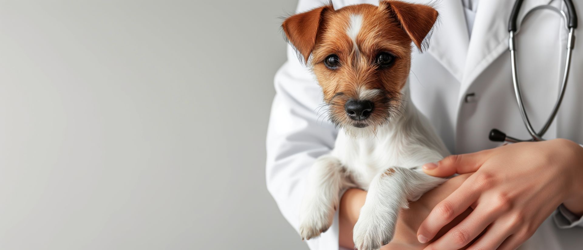 Healthy puppy being held by a vet with a stethoscope, showing quality veterinary clinic care.